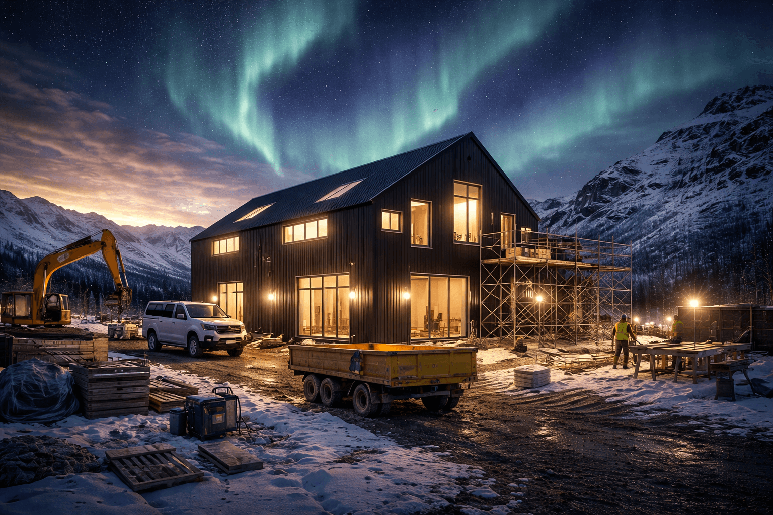 Trésmiður að mæla viðarpalla á verkstað.